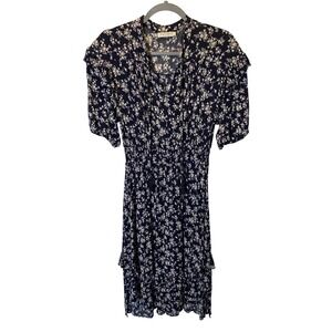 Calista Floral Midi Dress Womens Small Navy Blue Ruffle Boho Romantic Summer
